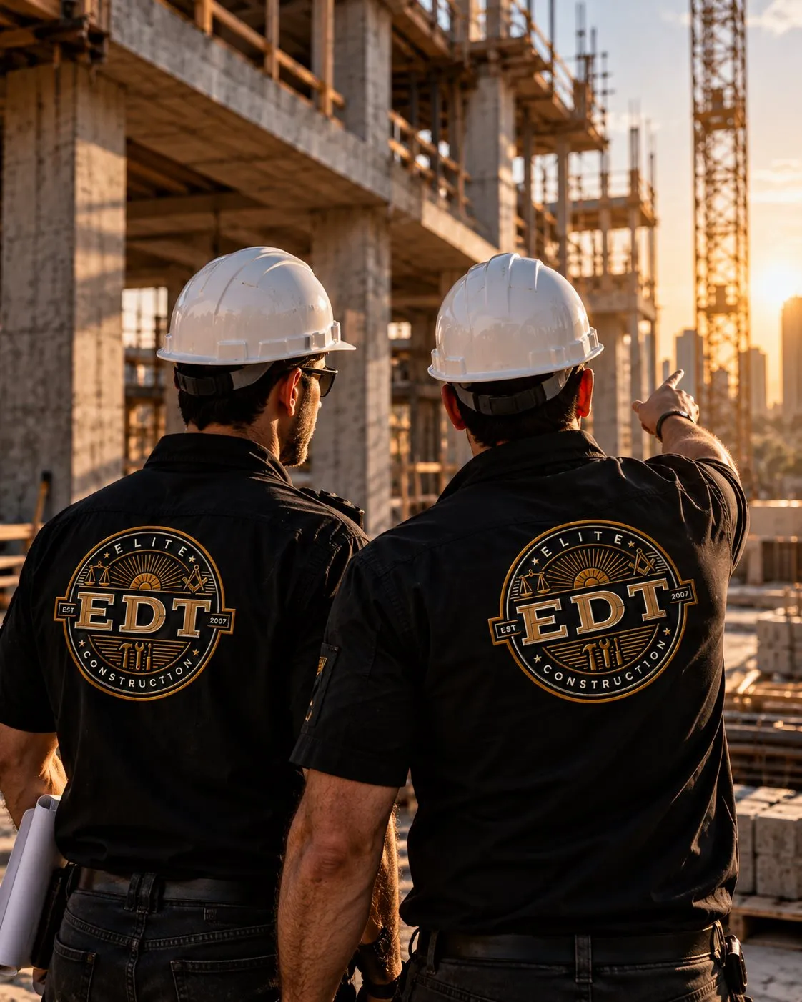 EDT Elite Construction supervisors on a Miami jobsite at golden hour