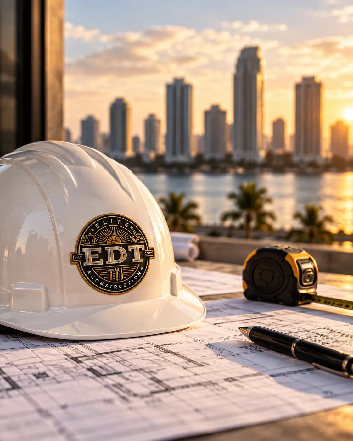 Pre-construction planning with architectural drawings and EDT hard hat