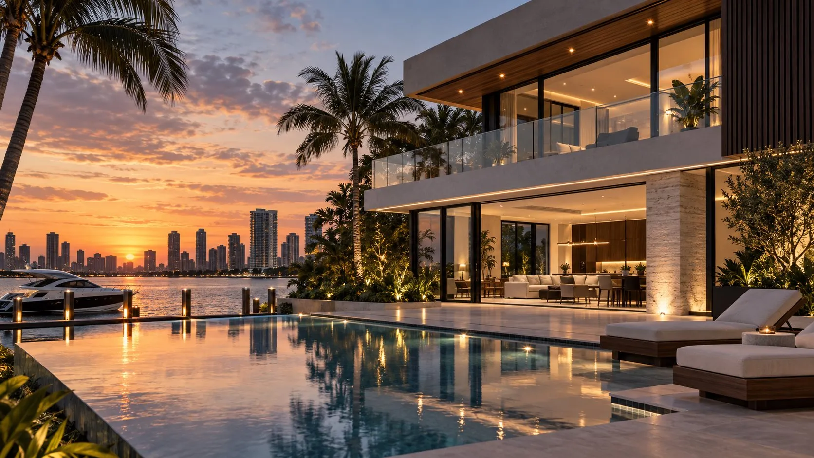 Contemporary Miami luxury residence at dusk by EDT Elite Construction