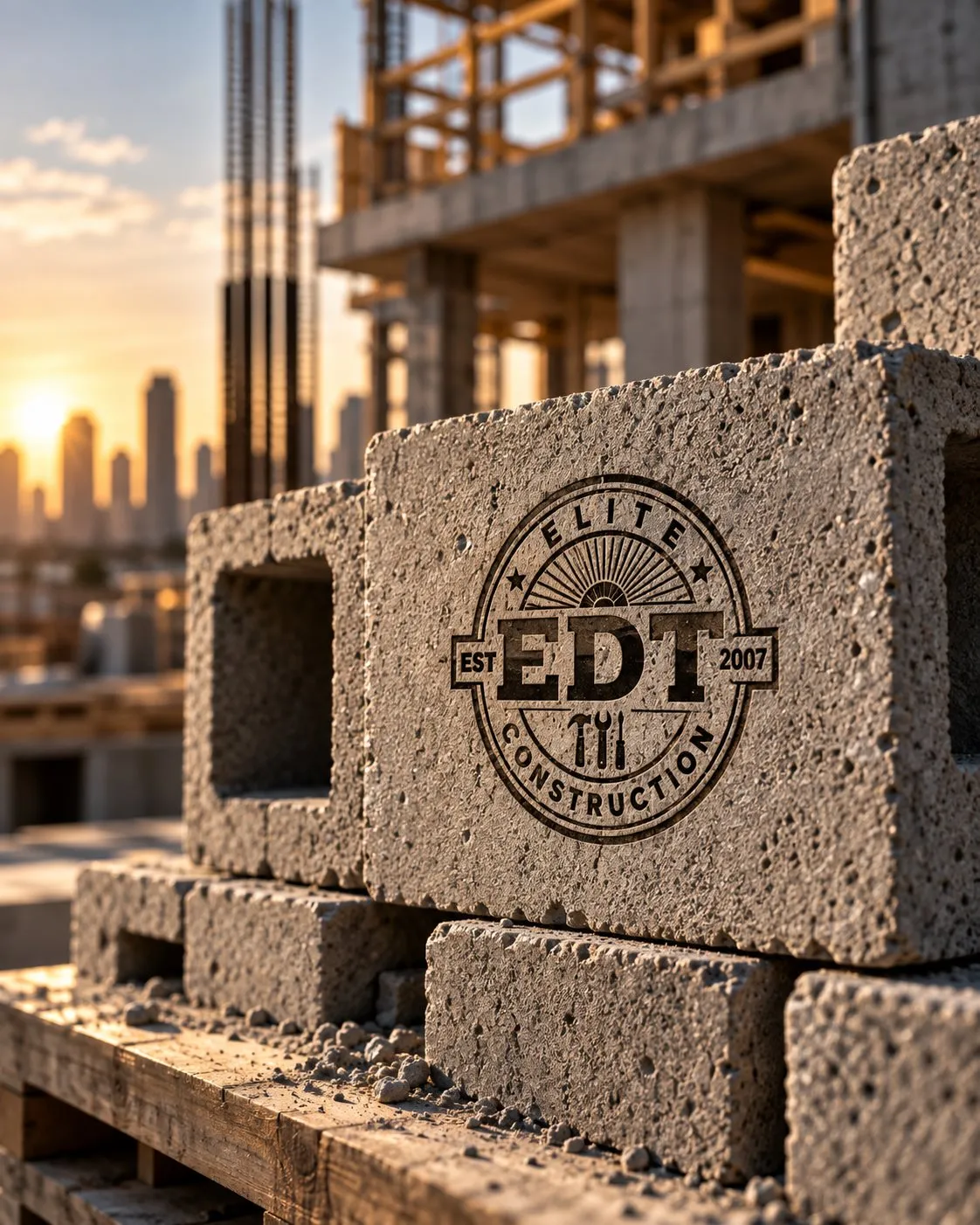 EDT Elite Construction seal engraved in concrete on a jobsite