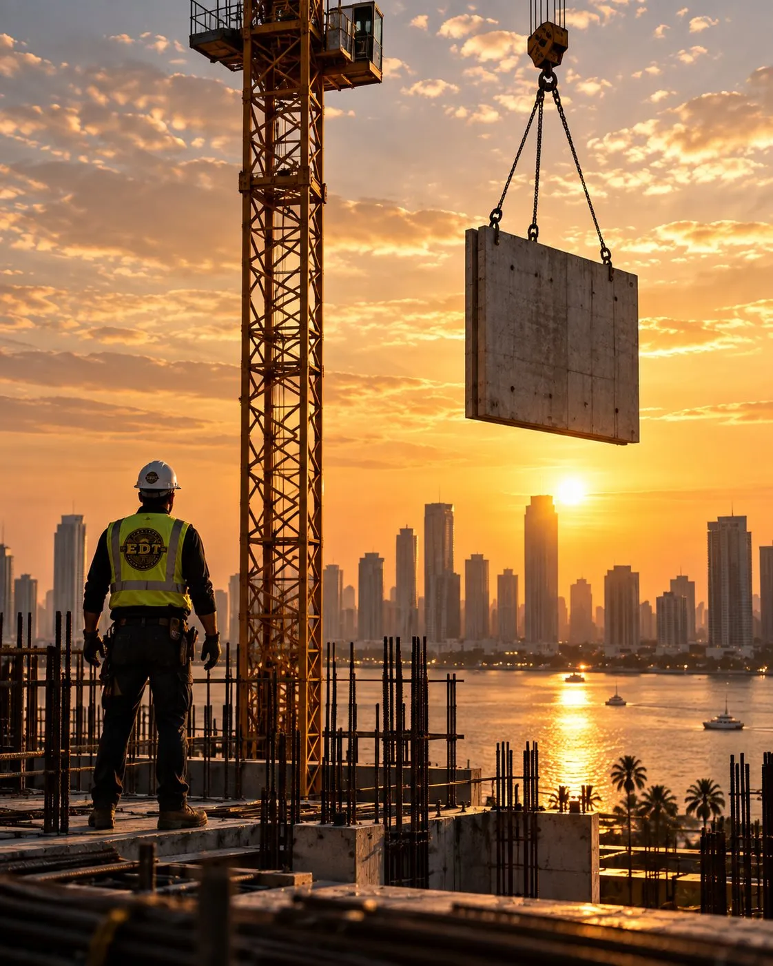 Commercial tower crane lifting concrete panels on an EDT Elite Construction jobsite in South Florida