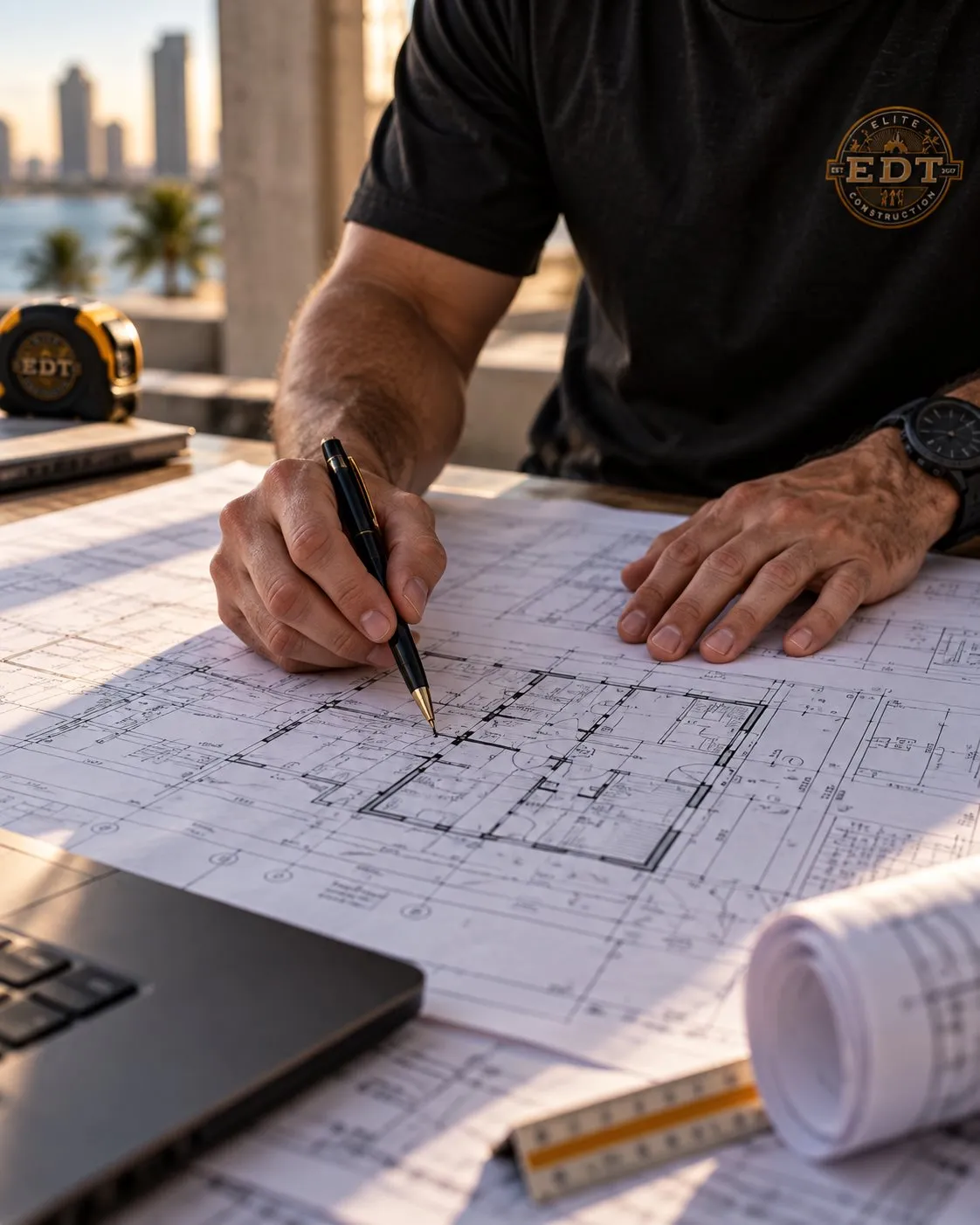 Construction professional reviewing architectural blueprints on site