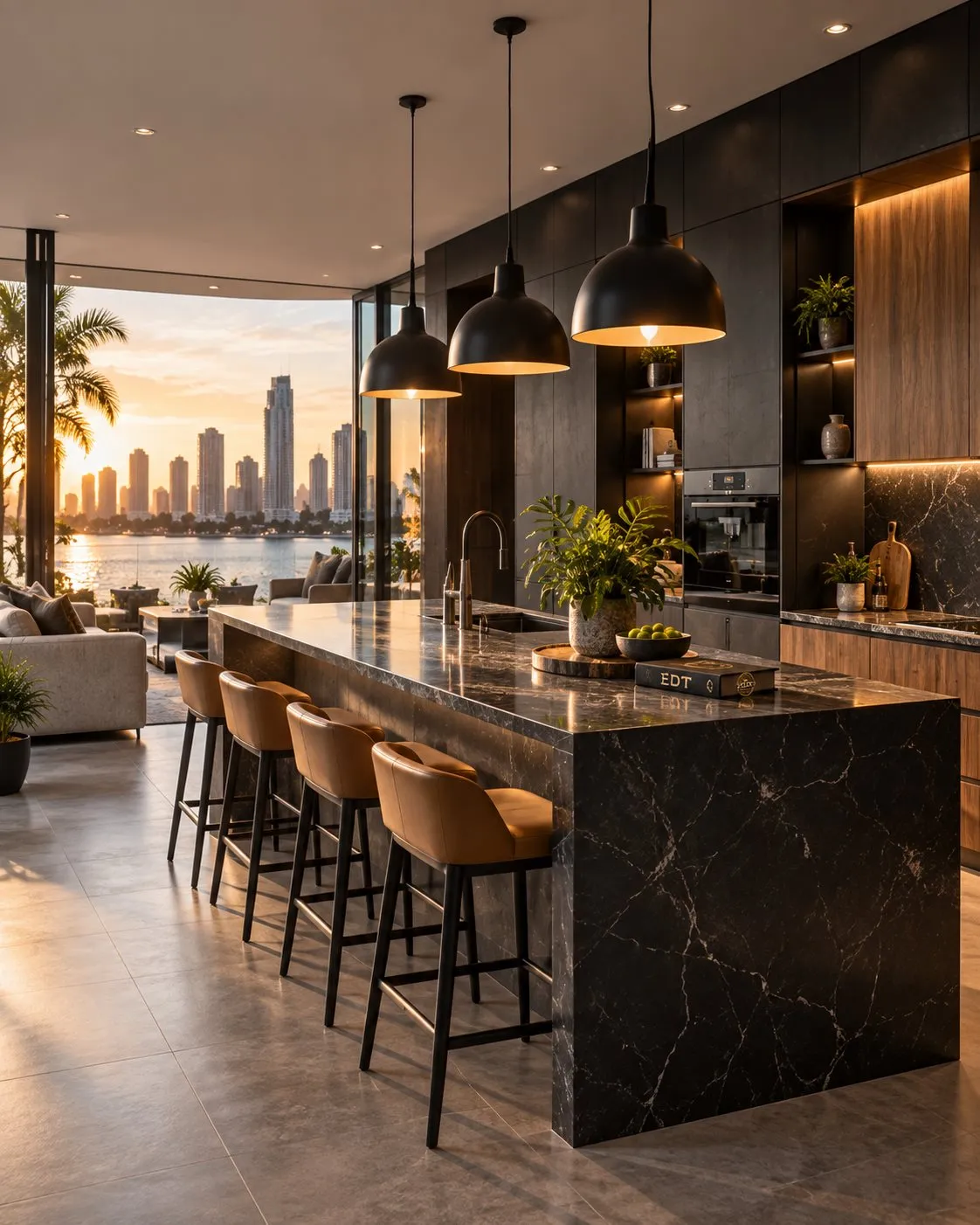 Luxury kitchen remodel with stone waterfall island and pendant lighting by EDT Elite Construction