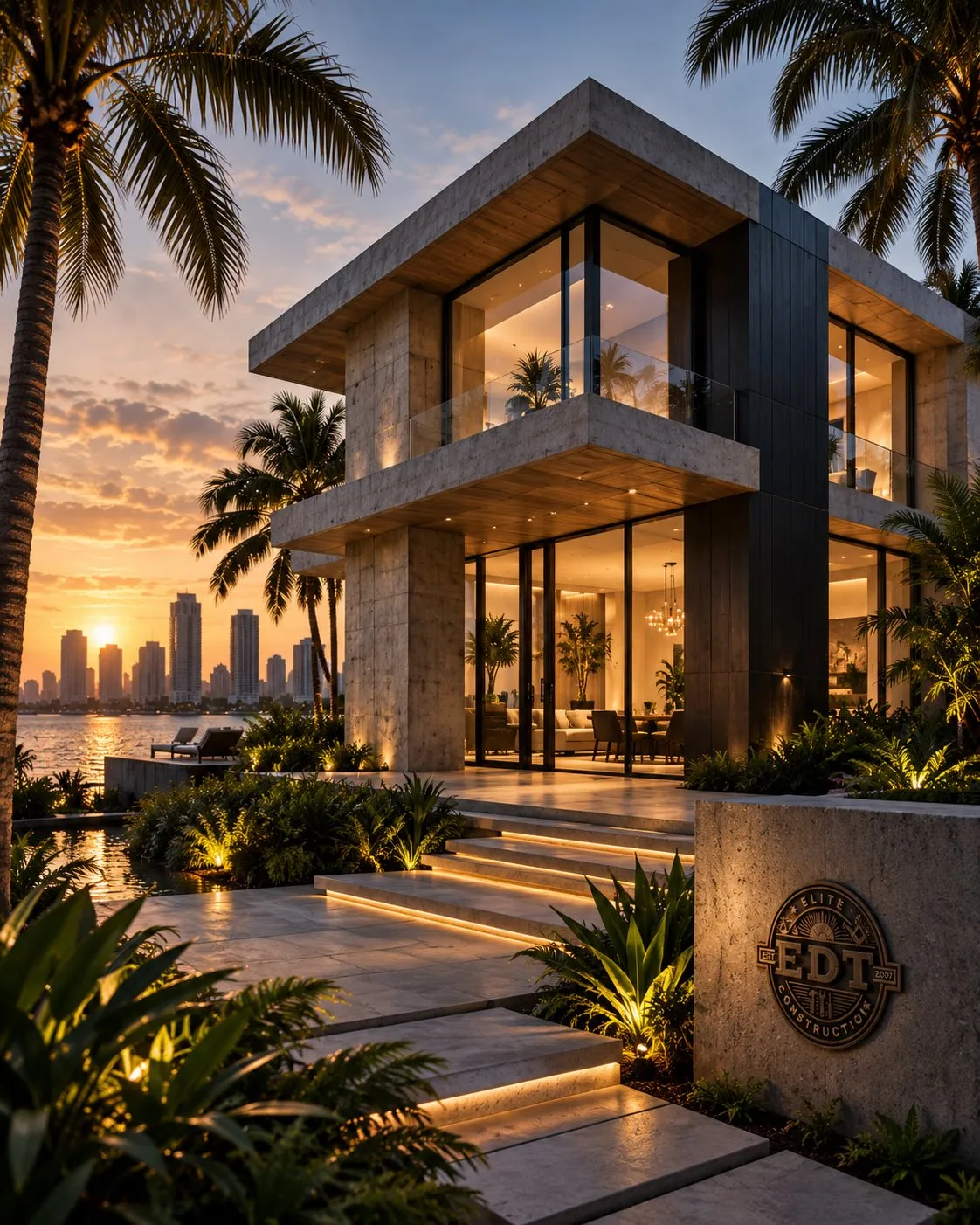 Modern custom residence with pool at dusk built by EDT Elite Construction in Miami
